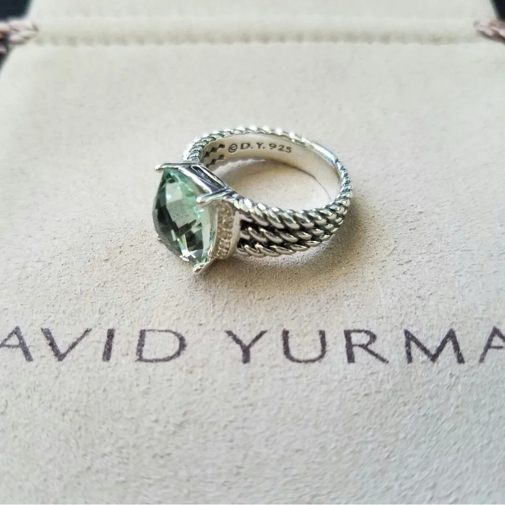 David Yurman Silver Cable Ring with Light Green Cushion Gem - Picture 2 of 5